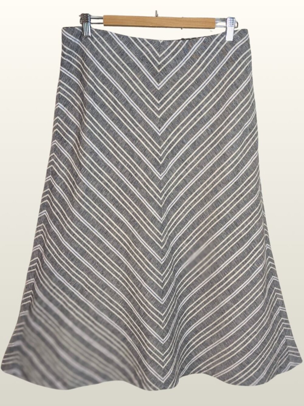 Talbots Gray White Linen Chevron Midi Skirt 10 Coastal Classic Flowy A-Line NWOT